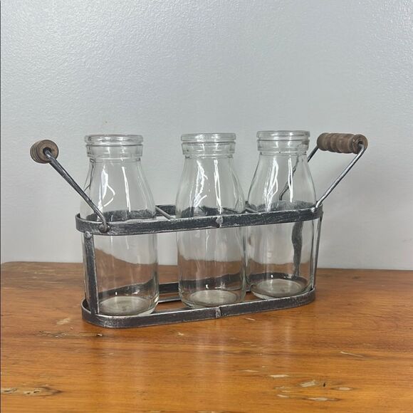 Rustic Glass Bottle Set with Metal Holder - Picture 1 of 3